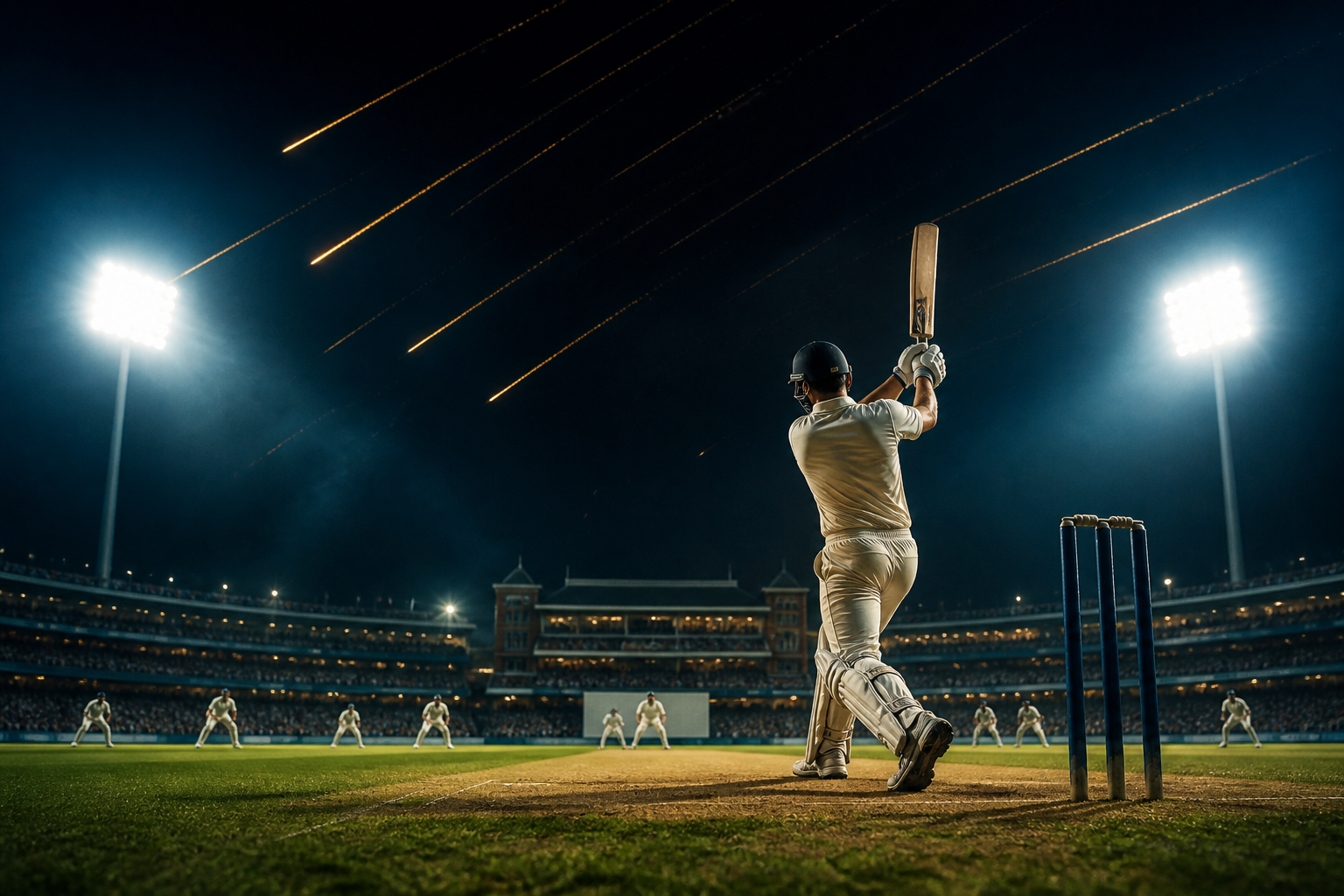 Floodlit cricket stadium at night used as the MyLaser247 hero visual